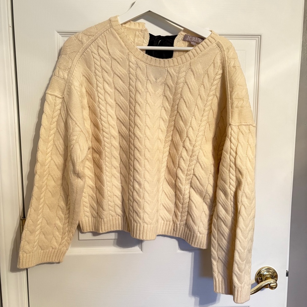 NWT J Crew Cream Cable Knit Sweater with Black Ribbon Tie Size Medium